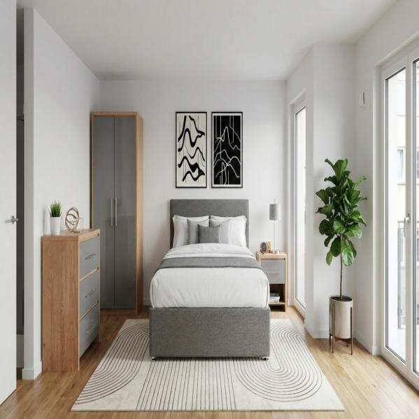 Matisz Grey Bed and Seville Oak/Grey Bedroom