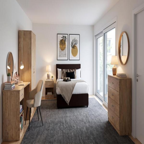 Promo Oak Bedroom with Plush Black Bed
