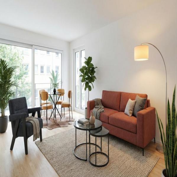 Baltimore Rust Sofa, Casa Dining Table & Caramel Chairs, Abel Charcoal Chair & Chicago Coffee Table