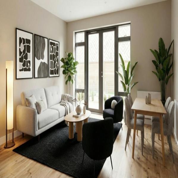 Remy Sofa, Avery Black Chair, Anya Coffee Table and Boden Dining Set